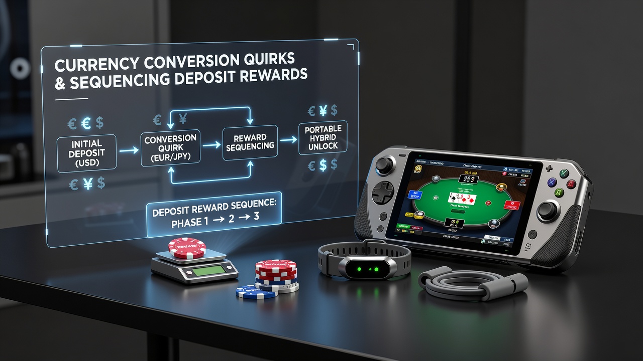 Mobile poker and sports betting app interface showing currency options and deposit rewards