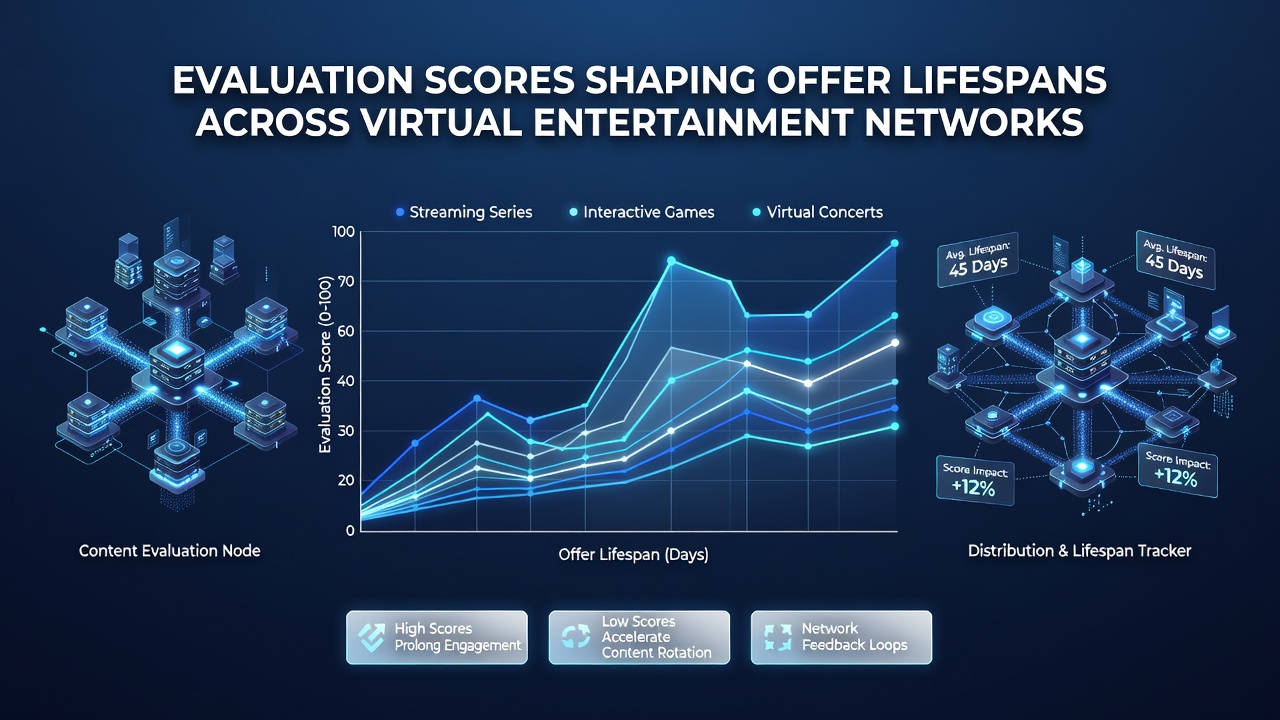 Analytics graph illustrating correlations between evaluation scores and promotional offer durations in virtual networks