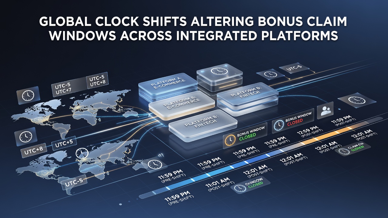 Diagram showing time zone offsets and bonus activation timelines on a multi-platform dashboard