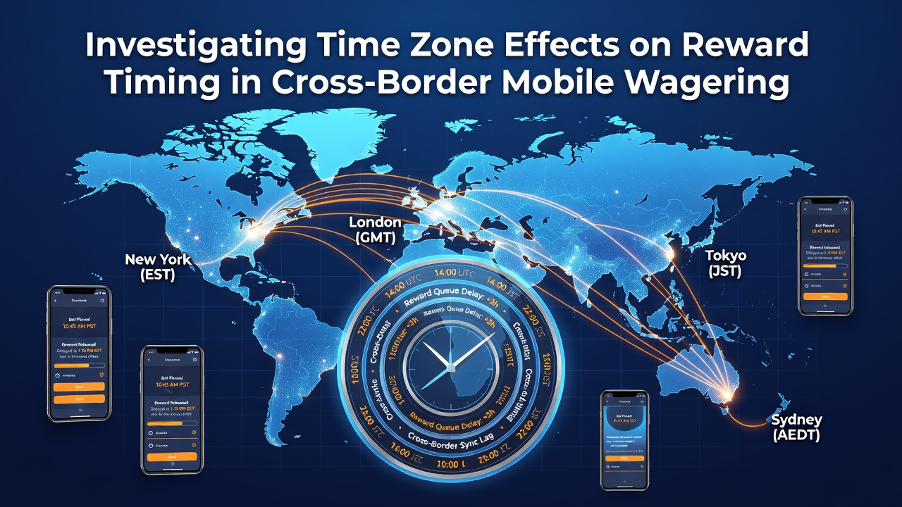 Global map overlay showing time zones and mobile wagering app interfaces across continents