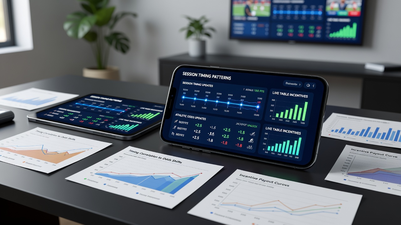 Analytics dashboard showing session timing data linked to odds changes and live table rewards on mobile