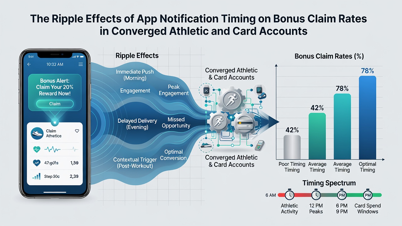 Analytics dashboard displaying notification timing data and bonus claim rate trends for athletic and card gaming platforms