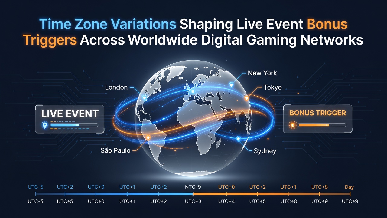 Global digital gaming networks displaying synchronized live event bonus triggers mapped across multiple international time zones
