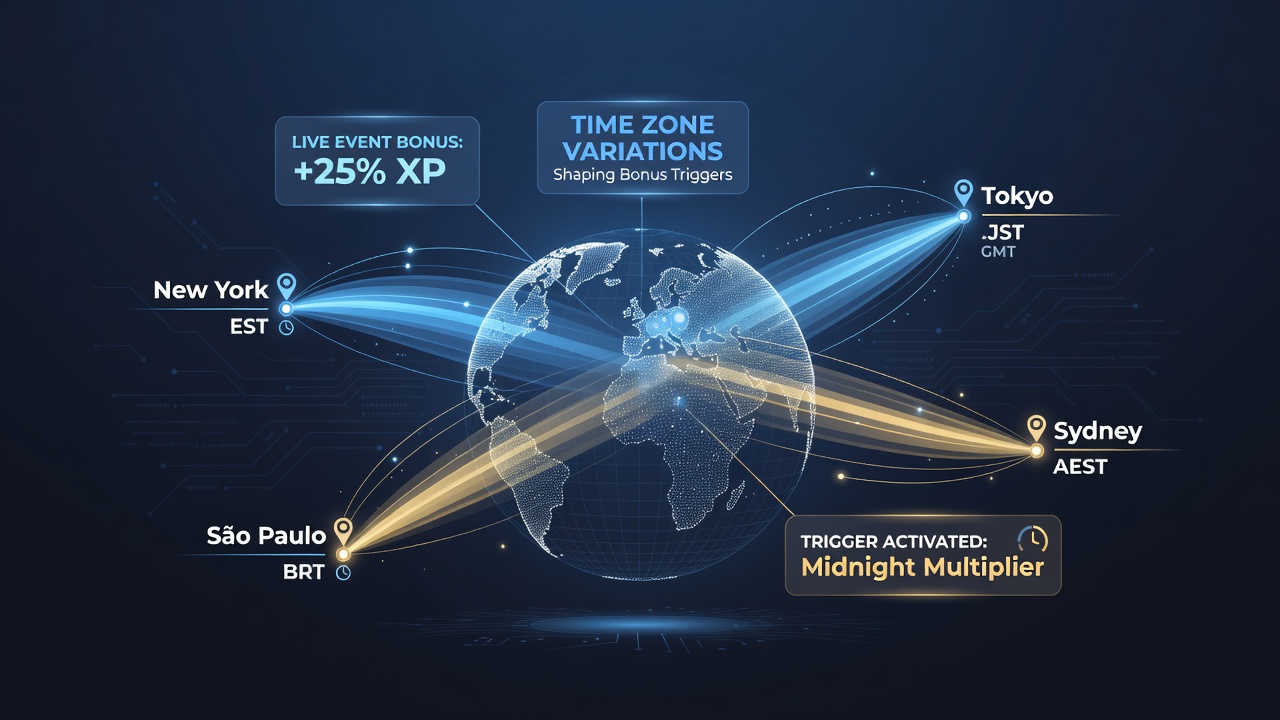 World map highlighting time zone boundaries and live bonus activation points for digital gaming events