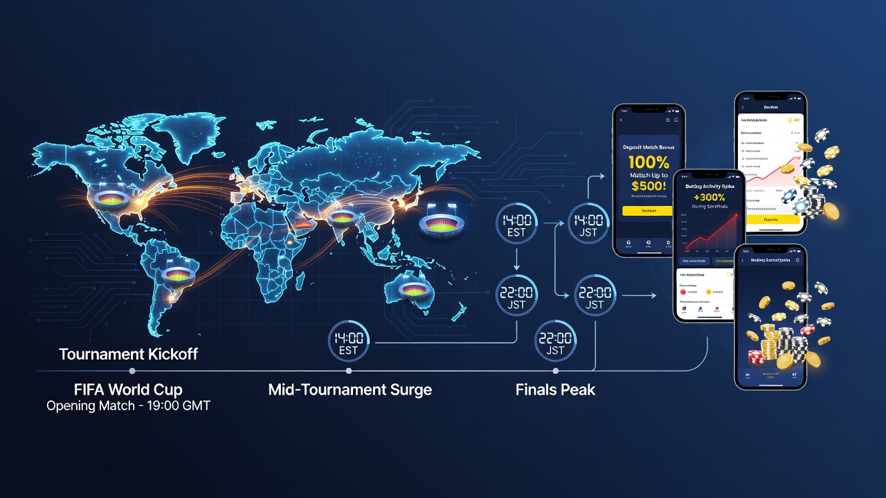 Smartphone screen showing a betting app interface with tournament schedule overlays and deposit bonus prompts during a major international event
