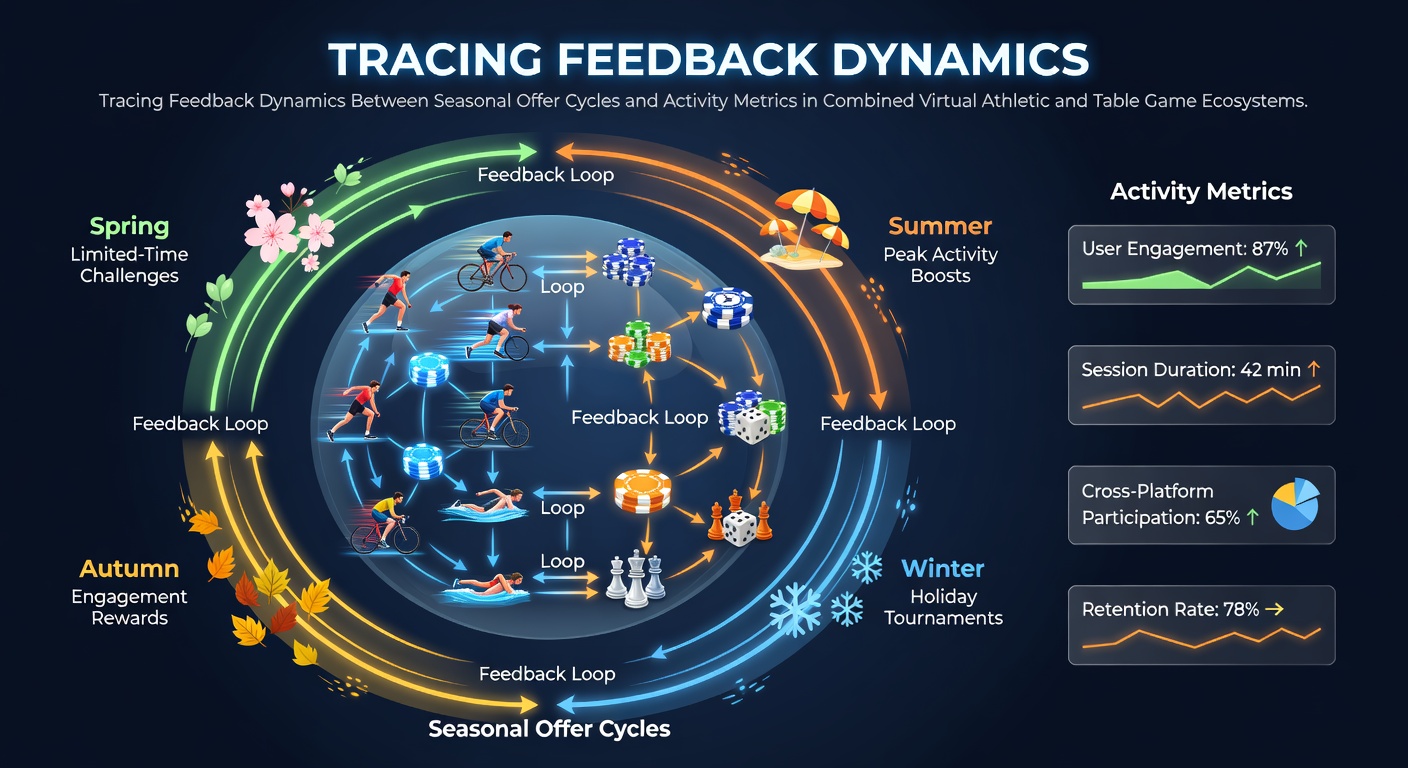 Dashboard displaying seasonal offer cycles overlaid with activity metrics from virtual athletic events and table game sessions